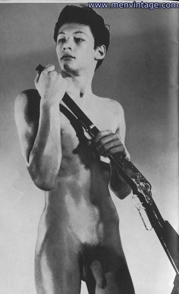sexy naked boy with vintage gun
